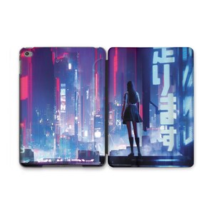 May include: A digital art print featuring a woman in a school uniform standing on a rooftop overlooking a futuristic cityscape with neon lights and Japanese text that reads "Let's Go".