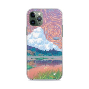 May include: A clear phone case with a colorful illustration of a landscape with a lake, trees, a house, and a flying airship. The sky is a swirling pink and purple with a large white cloud. The case is designed for an iPhone.