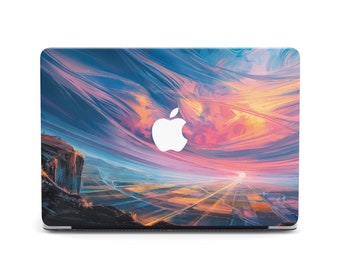 May include: A laptop skin with a colorful abstract design featuring a sky with clouds and a sunset. The design has a white Apple logo in the center.