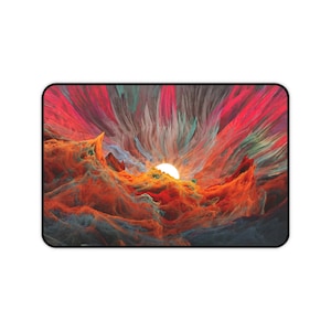 Puede incluir: Impresión digital abstracta que presenta un sol blanco brillante que sale sobre un paisaje colorido de nubes naranja, rojo y azul.