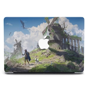 May include: Laptop skin featuring a fantasy landscape with a figure, a dog, and a windmill. The design includes a blue sky with clouds, a flying creature, and a stone path leading to a weathered structure.