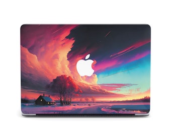 May include: A laptop cover featuring a vibrant landscape painting. The artwork depicts a winter scene with a small house, trees, and a road under a colorful sky with shades of pink, purple, and blue. The Apple logo is visible.