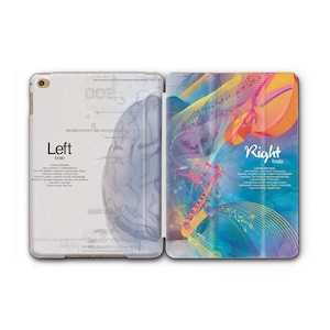 May include: A white iPad case with a colorful design on the back. The left side of the case features a gray brain with the text "Left brain" and a description of the left brain's functions. The right side of the case features a colorful abstract design with a saxophone and violin, with the text "Right brain" and a description of the right brain's functions.