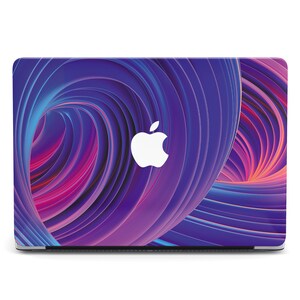 May include: A laptop skin featuring a swirling abstract design in shades of purple, pink, and blue. The Apple logo is visible in the centre of the skin.