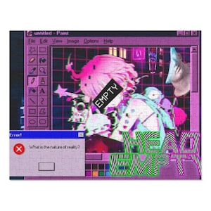 May include: A digital art print featuring a pink and blue colour scheme. The image depicts a cartoon character with pink hair and a blue and white outfit. The text "EMPTY" is written in black on a white background. The text "HEAD EMPTY" is written in green and black on a white background. The image is set against a pixelated background.