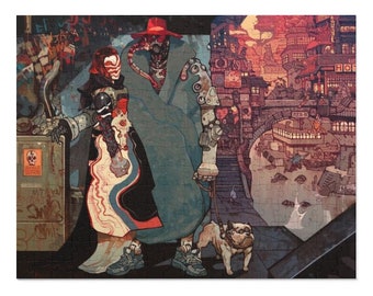 May include: A jigsaw puzzle featuring a detailed, colorful illustration of a futuristic cityscape with figures. The artwork includes a person in a red hat and coat, a person with a mask, and a dog on a leash. The puzzle has many pieces.