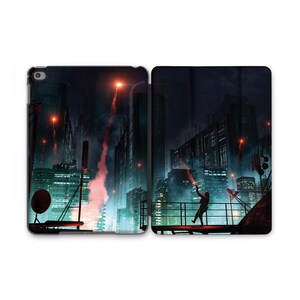 May include: A digital illustration of a futuristic cityscape at night with a person standing on a rooftop holding a red flare. The city is lit up with red and green lights.