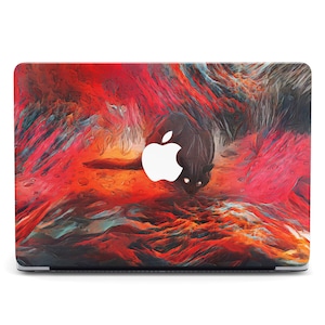 May include: A laptop skin with a colorful abstract design featuring red, orange, yellow, and blue hues. The design resembles a swirling, fiery landscape with a black silhouette of an animal in the center. The Apple logo is visible on the skin.