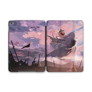 May include: A pink and purple sunset sky with a white-haired anime character wearing a white dress and a black cape. The character is holding a red apple in their hand. The background includes a silhouette of a field with swords and flags.