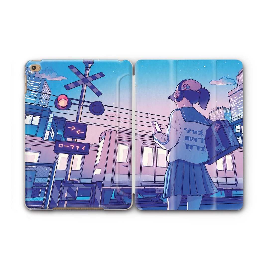 Japanese Town Train Railway iPad Smart Case Anime Girl City Violet