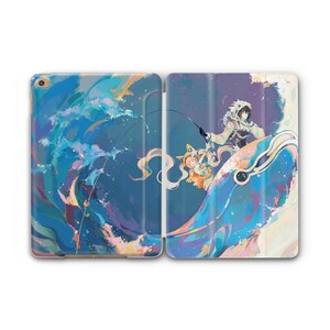 May include: A blue and white watercolor illustration of two figures riding on a whale. The figures are wearing colorful clothing and are holding fishing rods. The whale is surrounded by water and waves.