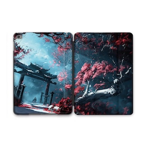 Puede incluir: Una ilustración digital de una puerta de estilo japonés con un diseño rojo y blanco, rodeada de árboles con flores rosas. La escena se desarrolla en un cielo azul con nubes blancas.