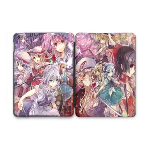 May include: A colorful illustration of multiple anime characters with long hair, wearing various dresses and accessories. The characters are set against a background of pink cherry blossoms and a dark, ornate gate.