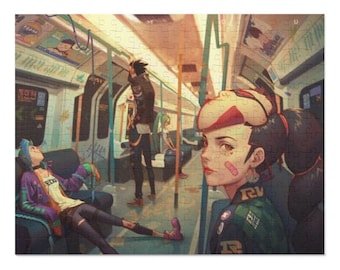 May include: A colorful illustration of four people riding a subway train. The people are wearing colorful clothing and have unique hairstyles. The train is decorated with graffiti and has a bright, modern interior.