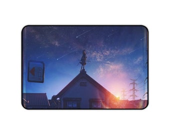 Stars Falling Night Desk Mat Anime Girl on Roof Desk Pad Modern Desk Mat Anime Art Pad Décor Gaming Mouse Desk Mat X Large