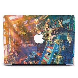 May include: A colorful illustration of a girl sitting on a wooden ladder with a wolf beside her. The scene is set in a room with a bookshelf, plants, and a window. The image is a design for a laptop skin.