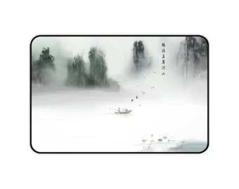 Flying Mountains Desk Mat Pond Fishing Tale Desk Pad Modern Desk Mat Chinese Traditional Art Pad Décor Gaming Mouse Desk Mat X Large