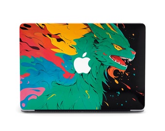 May include: A laptop skin with a colorful abstract design featuring a green creature with a fierce expression. The design includes splashes of red, yellow, blue, and black paint.