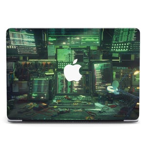 May include: Laptop skin featuring a detailed, futuristic computer lab scene in shades of green and black. The Apple logo is prominently displayed. The design includes multiple screens, keyboards, and technical equipment, creating a high-tech aesthetic.