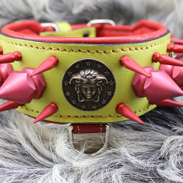 Adjustable Red Spiked Spiked Leather Dog Collar -High Quality Spiked Collar Medusa with accessories  Handmade -for dogs-Green and Red