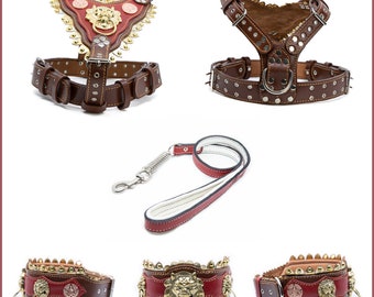 Süper Brown Set Dog Collar+Harness+Leash Real Leather Handmade