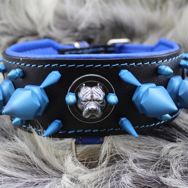 Adjustable Spiked Spiked Leather Dog Collar -High Quality Spiked Collar American Blue with accessories  Handmade -for dogs- Black and Blue