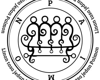 May include: A black and white circular seal with a complex design in the center. The seal is surrounded by the text "Linan tasa jedan Paimon" repeated four times, with the letters "N", "O", "W", and "I" at the top, bottom, left, and right, respectively. The letter "P" is at the top center of the seal.