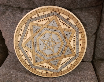 May include: A wooden circular board with a five-pointed star design in the center. The star is surrounded by a series of concentric circles with various symbols and text, including the words "BTZKAS E30", "SA ARVE MED", "HEIDENE", "IHRLAAY", and "NALOVTI".