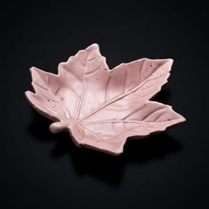 Puede incluir: Un plato en forma de hoja de color rosa claro con una superficie mate y texturizada. El objeto presenta un patrón de venas detallado y en relieve en toda su superficie, imitando la estructura natural de una hoja de arce con bordes dentados.