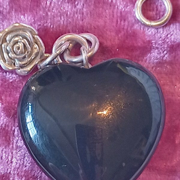 Rare links of london black onyx puffed heart with rose charm and findings silver 925 large