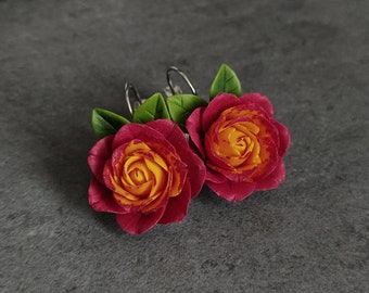 Red rose earrings, Flower earrings, Roses jewelry, Clay jewelry, Deep red jewelry