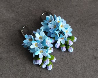 Boucles d’oreilles à fleurs bleues, Ne m’oubliez pas, Bijoux floraux, Boucles d’oreilles Dangle, Boucles d’oreilles bleues longues, Boucles d’oreilles Cluster, Bijoux bleu ciel