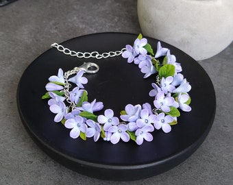 Lila armband, bloemenarmband, bloemensieraden van klei, lichtpaarse sieraden, lentebloei, bloeisieraden, botanische sieraden