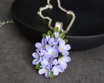 Handmade Lilac Flower Pendant Necklace: Polymer Clay Violet Jewelry
