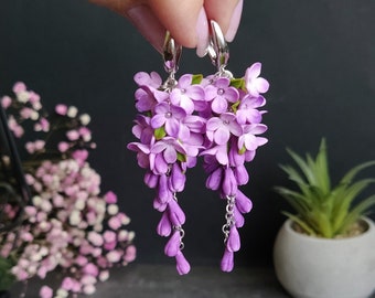 Boucles d'oreilles lilas, lilas violet, boucles d'oreilles fleurs, bijoux violets chauds, bijoux lilas, bijoux fleuris, boucles d'oreilles botaniques, cadeau bijoux