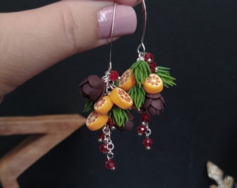 Christmas earrings, Woodland jewelry, Xmas jewelry, Orange earrings, Christmas tree, Gift for her, Long dangle earrings