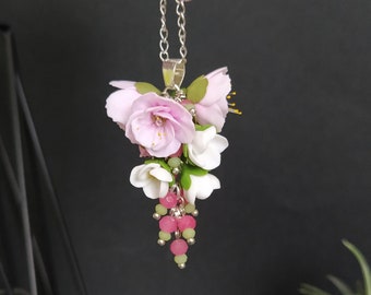 Sakura pendant, Pink flower jewelry, Floral necklace, Pink blooming, Cherry blossom, Pink necklace