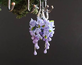 Lilac earrings, Long flower earrings, Purple earrings, Floral jewelry, Dangle earrings, Bloom jewelry, Botanical gift