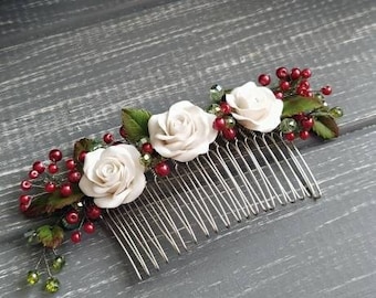 Bridal hair comb, Wedding headpiece, Roses hair comb, White red comb, Flower hair comb, Pearl comb, Hair accessory, Bridal Decorative comb