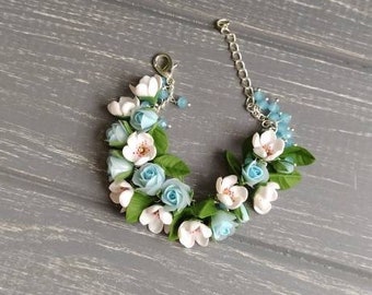 Roses bracelet Blue white bracelet Flower bracelet Charm bracelet Delicat bracelet Gorgeous jewelry Bridal jewelry Statement bracelet