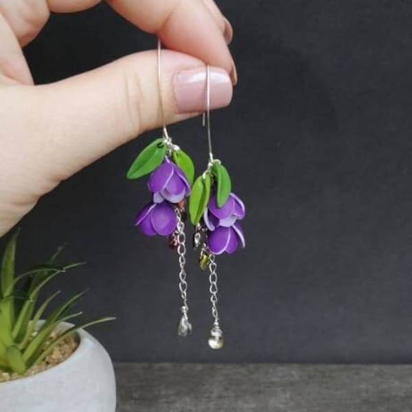 Crocus earrings, Purple earrings, Floral jewelry, Dangle earrings, Violet jewelry