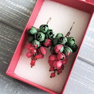 Tulip earrings, Green and red, Flower jewelry, Bouquet earrings, Clay jewelry, Floral accessories, Deep green jewelry