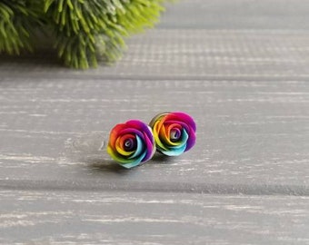 Rainbow Rose Stud Earrings Rainbow Earrings Rainbow Flower Roses Jewelry Gift for Her Colorful Earring