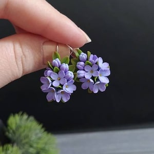 Lilac earrings, Flower earrings, Purple earrings, Dangle floral earrings, Ceramic jewelry, Drop earrings