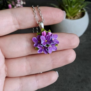Lilac necklace, Floral pendant, Deep purple necklace, Purple jewelry, Polymer clay jewelry, Delicate necklace, Violet jewelry