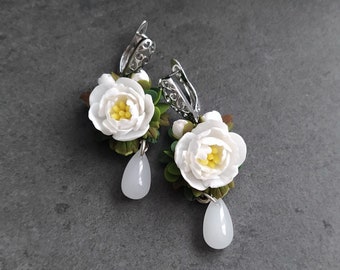 Handmade Polymer Clay Peony Dangle Earrings: Floral Wedding Jewelry