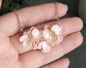 Hydrangea necklace, Beige necklace, Floral jewelry, Flower bar necklace, Short necklace, Neutral tones jewelry