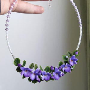 Violet necklace, Purple necklace, Viola jewelry, Polymer clay jewelry, Statement necklace, Flower necklace, Botanical jewelry