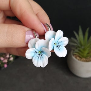 Blue white earrings, Pansy earrings, Floral jewelry, Dangle earrings, Clay earrings, Light earrings, Jewelry gift for her