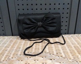 Vintage Avon Black Satin Evening Bag with Rhinestone Bow